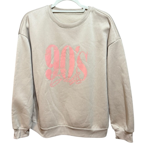 90’s Babe Graphic Sweatshirt Beige Pink Retro Pullover Sz L Y2K Cozy Oversized - Picture 1 of 7